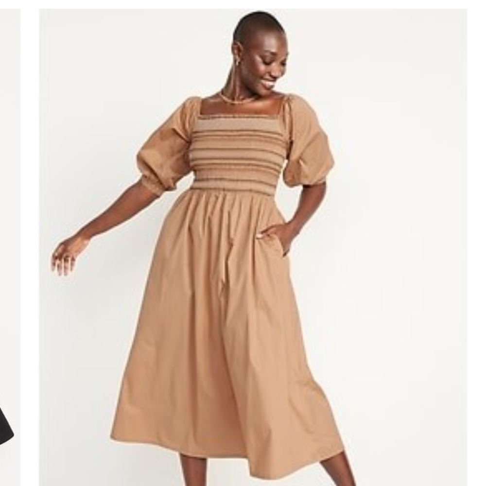 NWT Old navy puff sleeve embroidered smocked bodice midi dress tan size M
